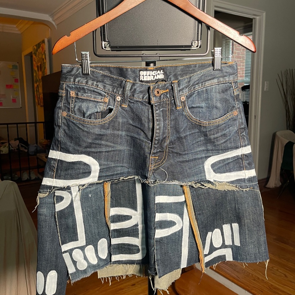 Denim Skirt with White Abstract Design